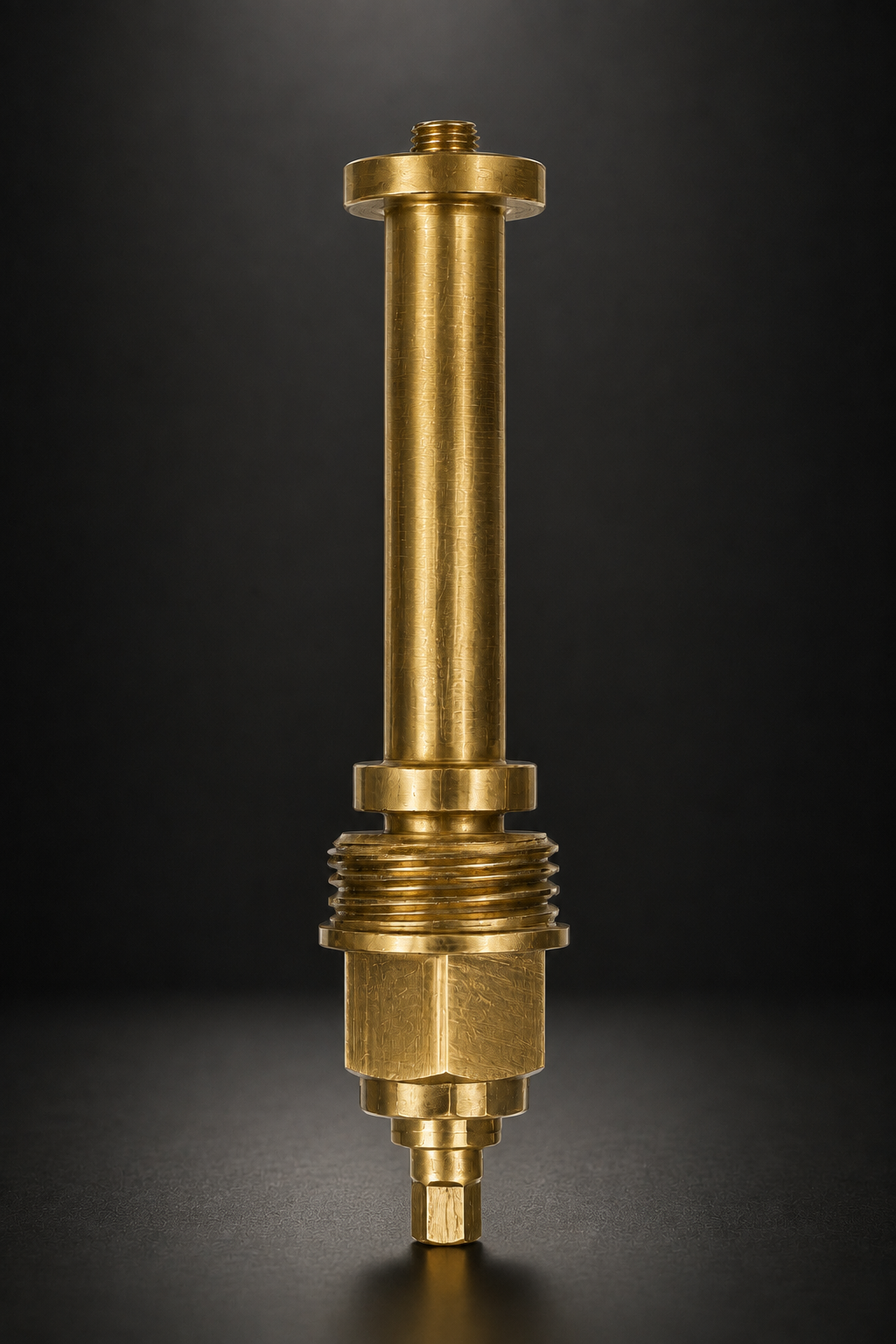 Premium CNC machined long brass faucet spindle with precision BSP threads for compression taps and plumbing valve assemblies.
